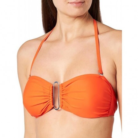 Bikini orange, haut bandeau avec coques et lien amovibles, culotte haute - du 36 au 46