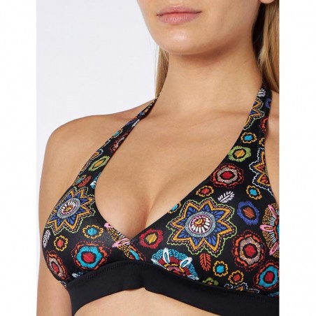 Bikini noir motif mandala coloré, haut triangle avec coques, culotte à revers imprimé, taille 36 à 46