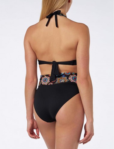 Bikini noir motif mandala coloré, haut triangle avec coques, culotte à revers imprimé, taille 36 à 46