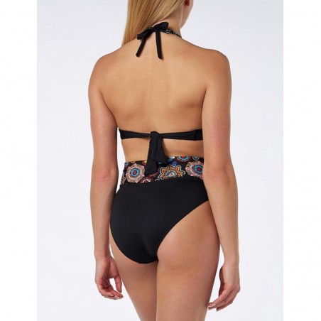 Bikini noir motif mandala coloré, haut triangle avec coques, culotte à revers imprimé, taille 36 à 46