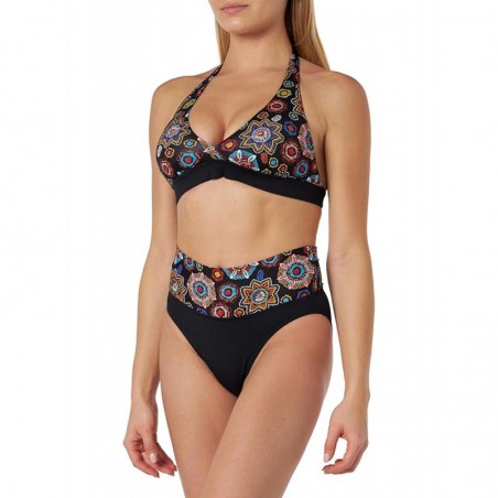 Bikini noir motif mandala coloré, haut triangle avec coques, culotte à revers imprimé, taille 36 à 46