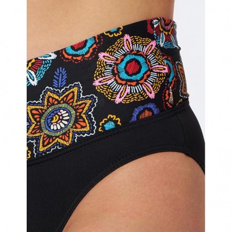 Bikini noir motif mandala coloré, haut triangle avec coques, culotte à revers imprimé, taille 36 à 46