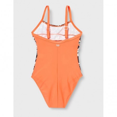 Maillot 1 pièce fille imprimé tropical noir et blanc, liserai corail fluo - 6 à 16 ans