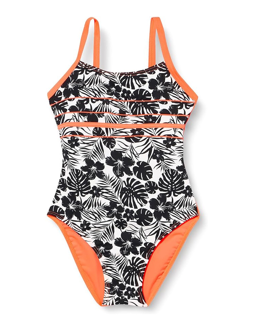 Maillot 1 pièce fille gainant imprimé tropical noir et blanc, liserai corail fluo - 6 à 16 ans