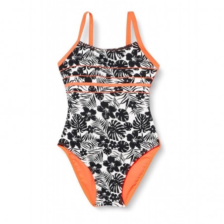 Maillot 1 pièce fille imprimé tropical noir et blanc, liserai corail fluo - 6 à 16 ans