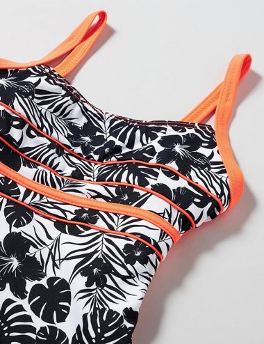 Maillot 1 pièce fille gainant imprimé tropical noir et blanc, liserai corail fluo - 6 à 16 ans - Détails