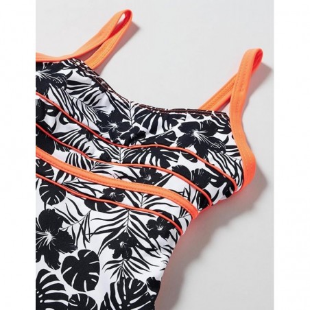 Maillot 1 pièce fille imprimé tropical noir et blanc, liserai corail fluo - 6 à 16 ans