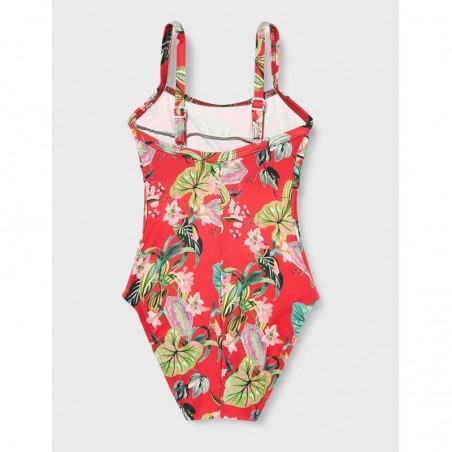 Maillot 1 pièce fille, rouge imprimé floral, liserai noir - 6 à 16 ans