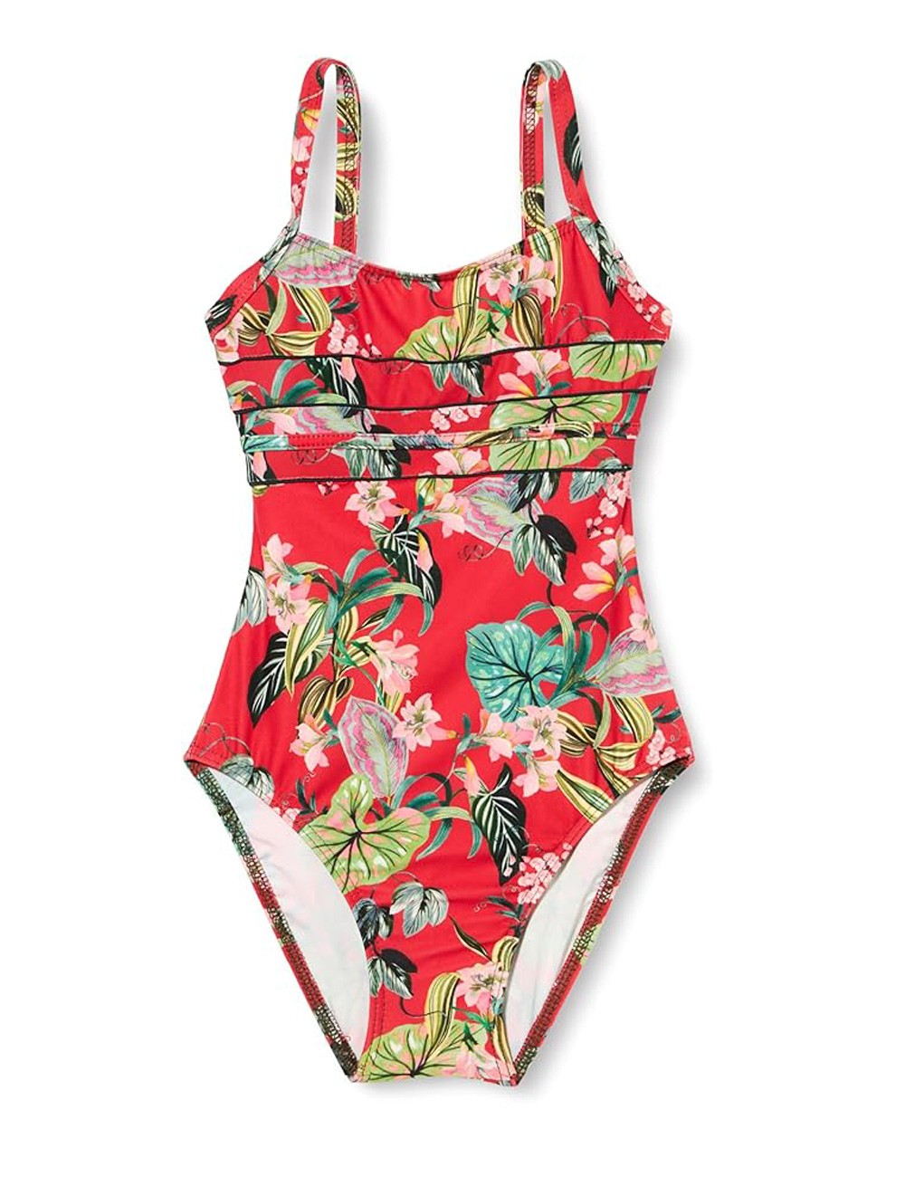 Maillot 1 pièce fille gainant, rouge imprimé floral, liserai noir - 6 à 16 ans