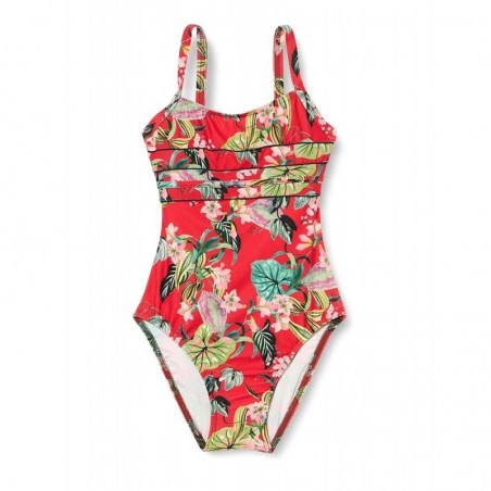 Maillot 1 pièce fille, rouge imprimé floral, liserai noir - 6 à 16 ans