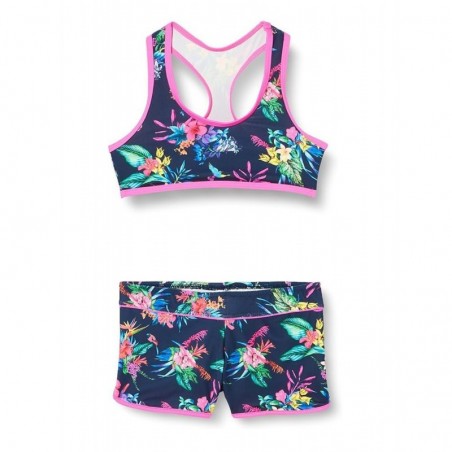 Maillot 2 pièces marine motif floral coloré, brassière dos nageur & shorty - 6 à 16 ans