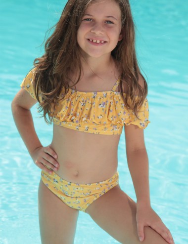 Bikini fille floral fond jaune à volants brassière à fine bretelle, culotte haute - du 6 au 16 ans