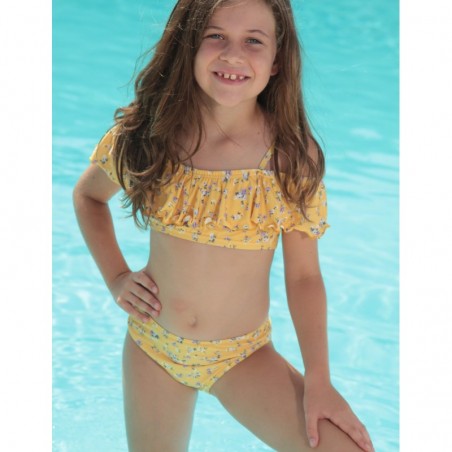 Bikini fille floral jaune, brassière à volants, culotte classique - 6 au 16 ans