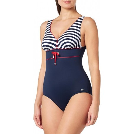 Maillot de bain 1 pièce femme rayé marine et blanc, gainant, du 38 au 60