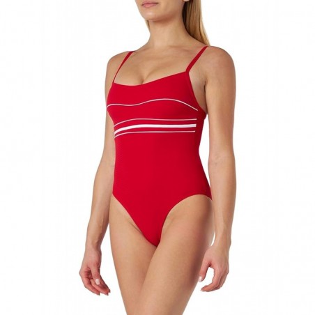 Maillot 1 pièce gainant rouge avec liseré blanc, tissu jacquard, bonnet C, bretelles réglables, dos droit, du 36 au 48