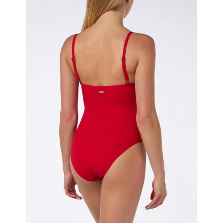 Maillot 1 pièce gainant rouge avec liseré blanc, tissu jacquard, bonnet C, bretelles réglables, dos droit, du 36 au 48