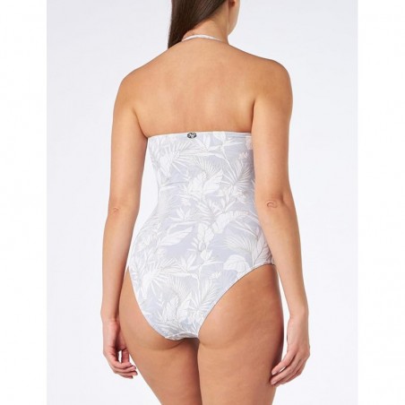 Maillot 1 pièce bustier imprimé floral blanc, gainant, bonnet C avec coques amovibles, dos droit, du 36 au 46