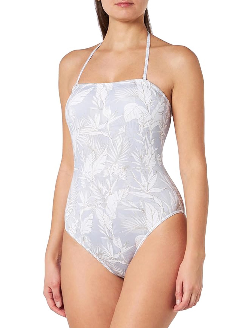 Maillot 1 pièce bustier imprimé floral blanc, gainant, bonnet C avec coques amovibles, dos droit, du 36 au 46