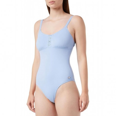 Maillot de bain 1 pièce bleu ciel gainant, décolleté arrondi, bretelles réglables, dos droit, du 36 au 52