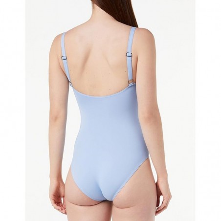 Maillot de bain 1 pièce bleu ciel gainant, décolleté arrondi, bretelles réglables, dos droit, du 36 au 52