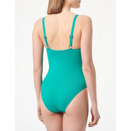 Maillot de bain 1 pièce vert gainant, décolleté arrondi avec bretelles réglables, dos droit, du 36 au 52