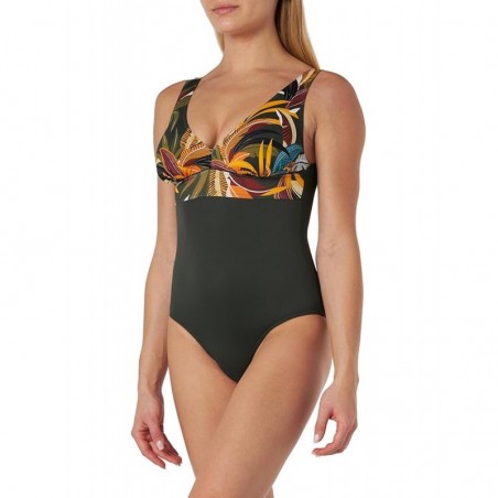 Maillot de bain une pièce gainant tropical kaki, décolleté V, bonnet C, dos nu, du 38 au 60