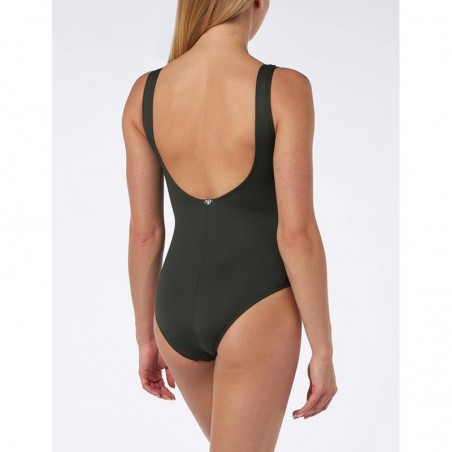 Maillot de bain une pièce gainant tropical kaki, décolleté V, bonnet C, dos nu, du 38 au 60