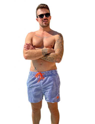 Boardshort de Surf Homme à Rayures Bleues et Blanches avec Logo Orange Fluo