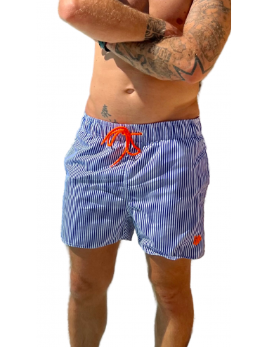 Boardshort de Surf Homme à Rayures Bleues et Blanches avec Logo Orange Fluo du S au XXL