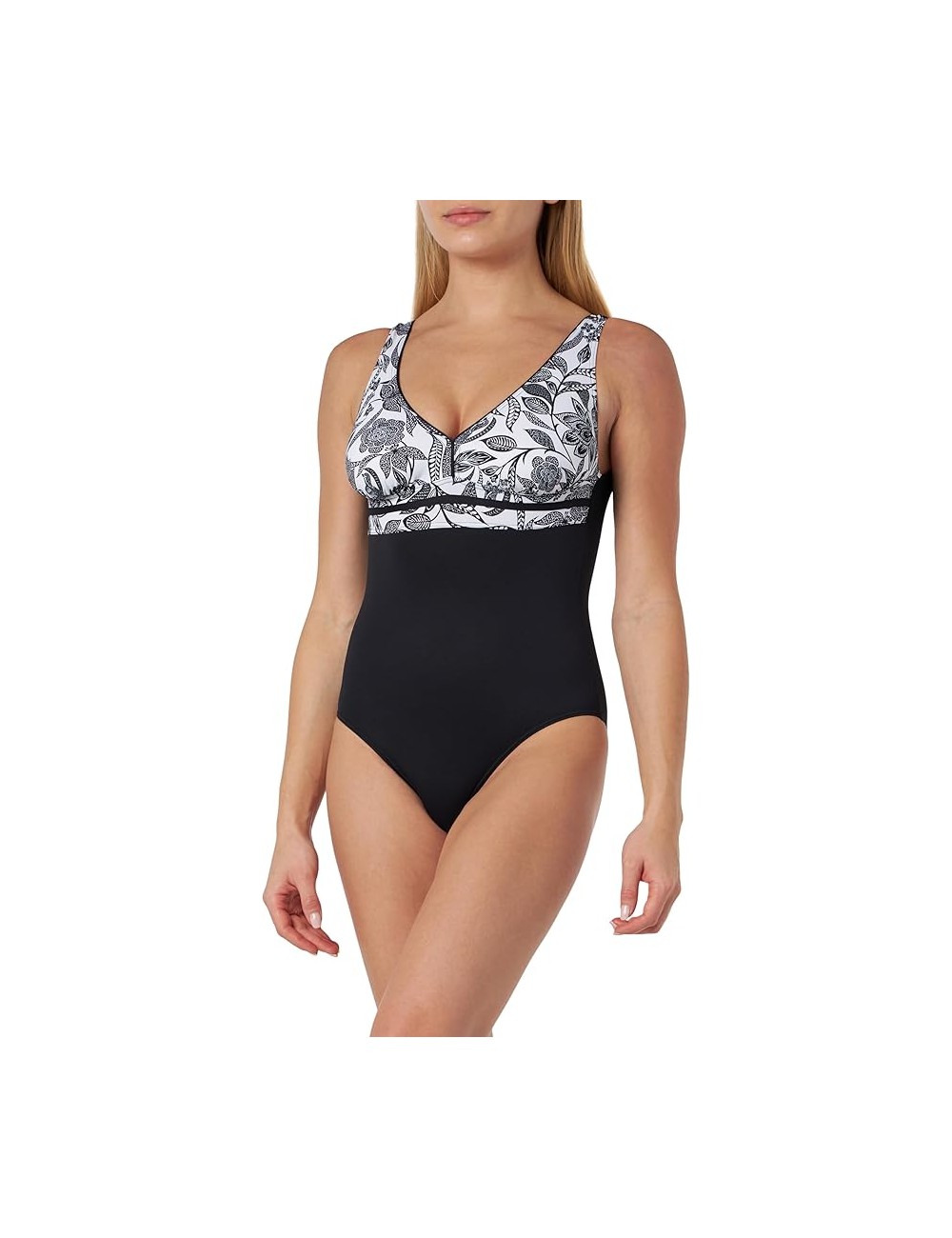 Maillot de bain une pièce femme gainant noir avec imprimé floral noir et blanc