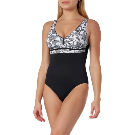 Maillot de bain une pièce femme gainant noir avec imprimé floral noir et blanc