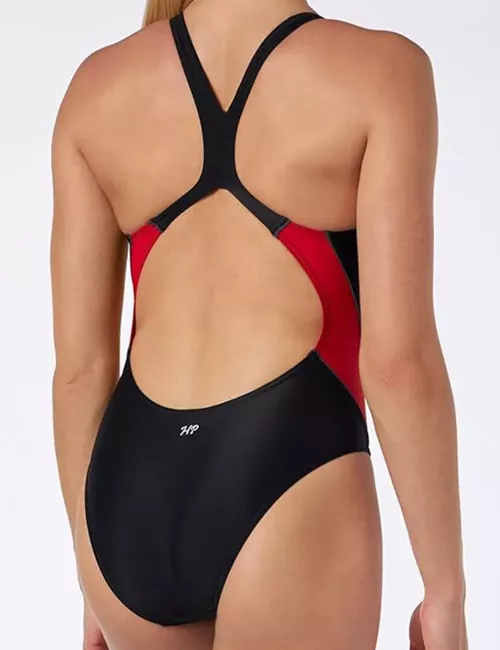 Maillot 1 pièce femme piscine uni noir avec bandes rouges et grises - du 36 à 46