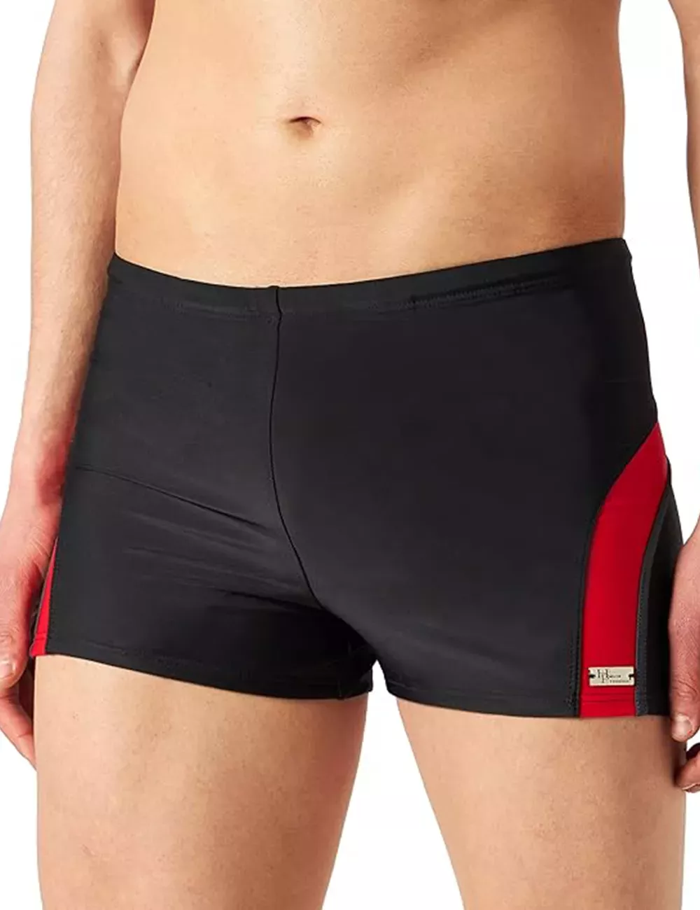 Boxer de bain homme court uni noir bandes rouges et grises - Taille 1 à 6