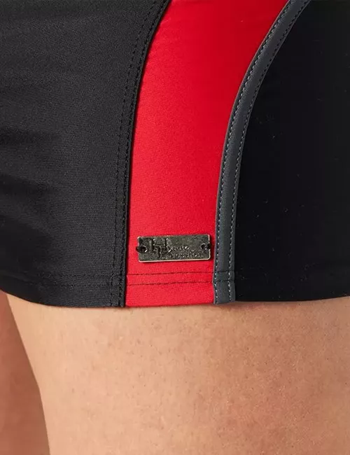 Boxer de bain homme court uni noir bandes rouges et grises - Taille 1 à 6