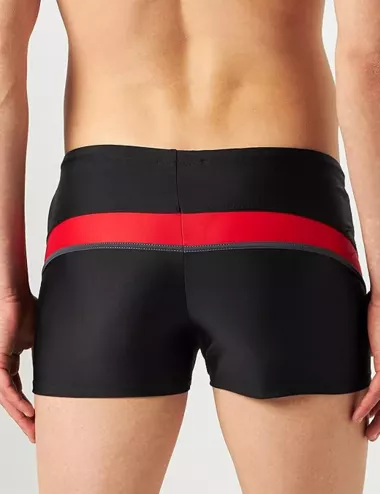 Boxer de bain homme court uni noir bandes rouges et grises - Taille 1 à 6