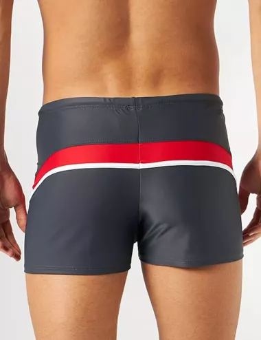 Boxer de bain homme court uni gris bandes rouges et blanches - Taille 1 à 6