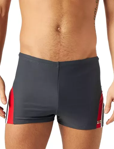 Boxer de bain homme court uni gris bandes rouges et blanches - Taille 1 à 6