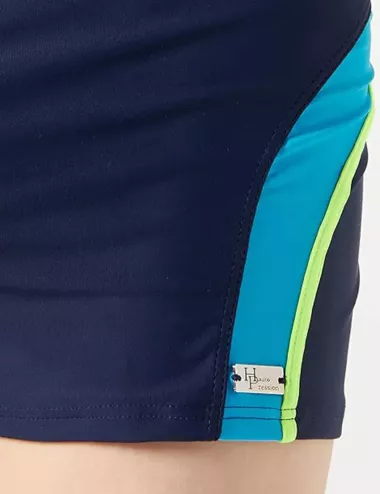 Boxer de bain homme court marine bandes turquoises et vertes - Taille 1 à 6 - détail