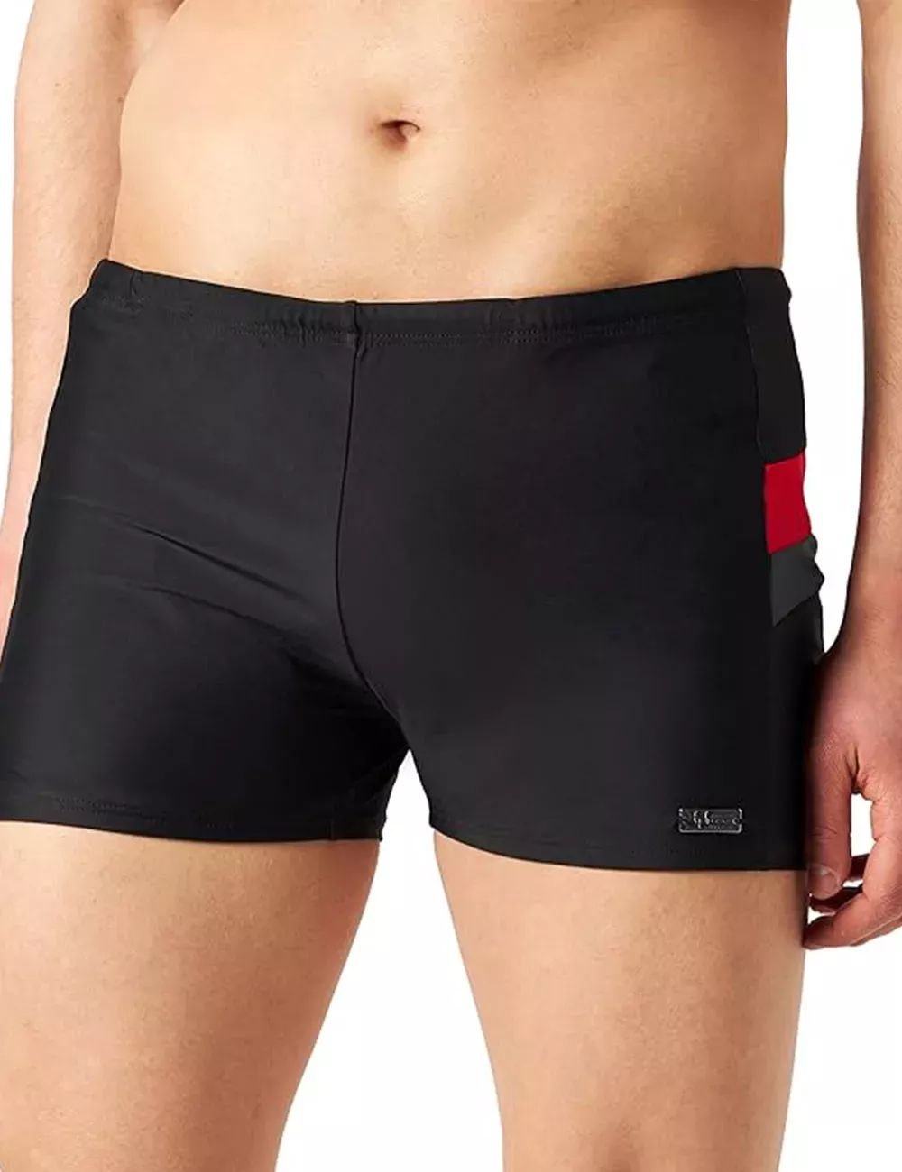 Boxer de bain court homme uni noir bandes rouges et grises - Taille 1 à 6