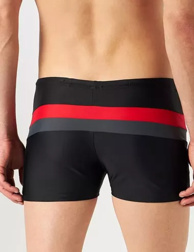 Boxer de bain court homme uni noir bandes rouges et grises - Taille 1 à 6 - dos