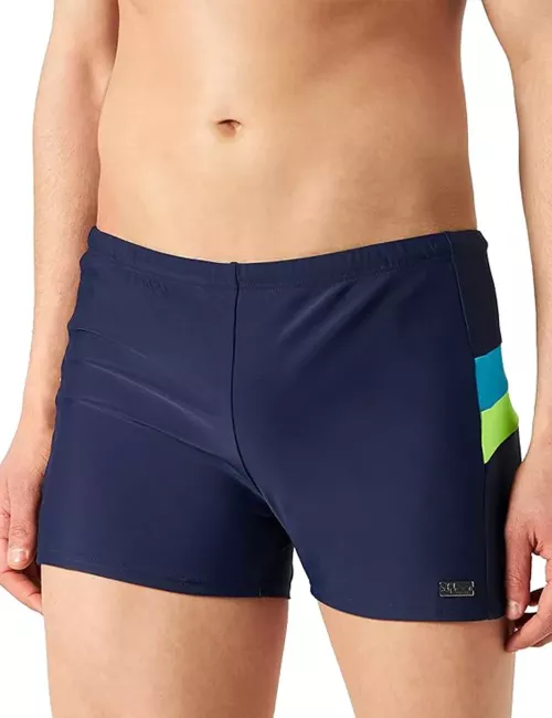 Boxer de bain court homme marine bandes turquoise et vertes - Taille 1 à 6