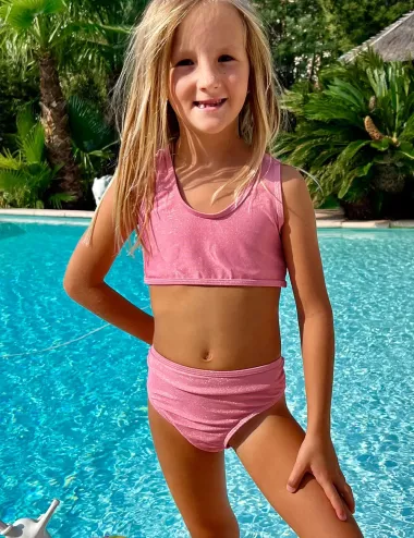 Maillot 2 pièces fille en lurex rose, bandeau et culotte classique - tailles 6 à 16 ans