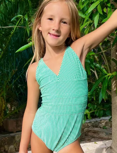 Maillot 1 pièce fille rayé vert et blanc, décolleté V - tailles 6 à 16 ans