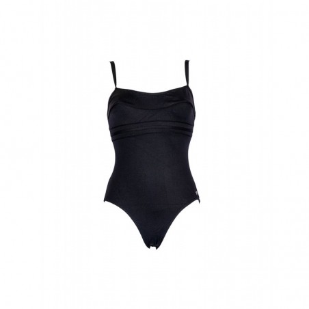 Maillot de bain 1 pièce fines bretelles uni noir bandes ton sur ton