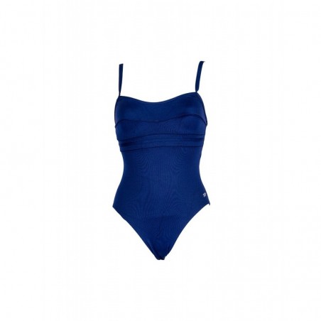 Maillot de bain 1 pièce fines bretelles uni marine bandes ton sur ton