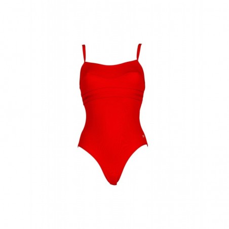 Maillot de bain 1 pièce fines bretelles uni rouge bandes ton sur ton