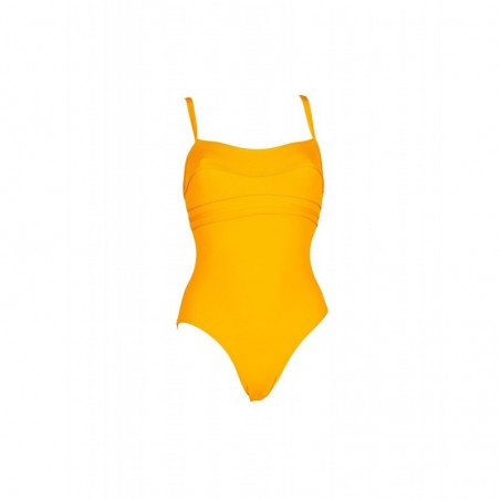 Maillot de bain 1 pièce fines bretelles uni jaune bandes ton sur ton